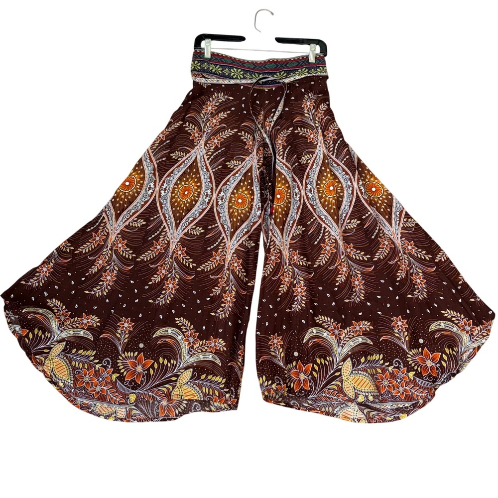 Bohemian Floral Batik Wide Leg Palazzo Pants Cotton Festival L Tribal Hippie